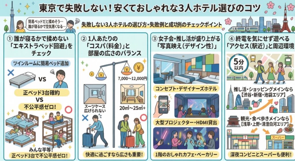 東京のホテルで安い・おしゃれ・3人部屋を探す際の「失敗しない選び方」